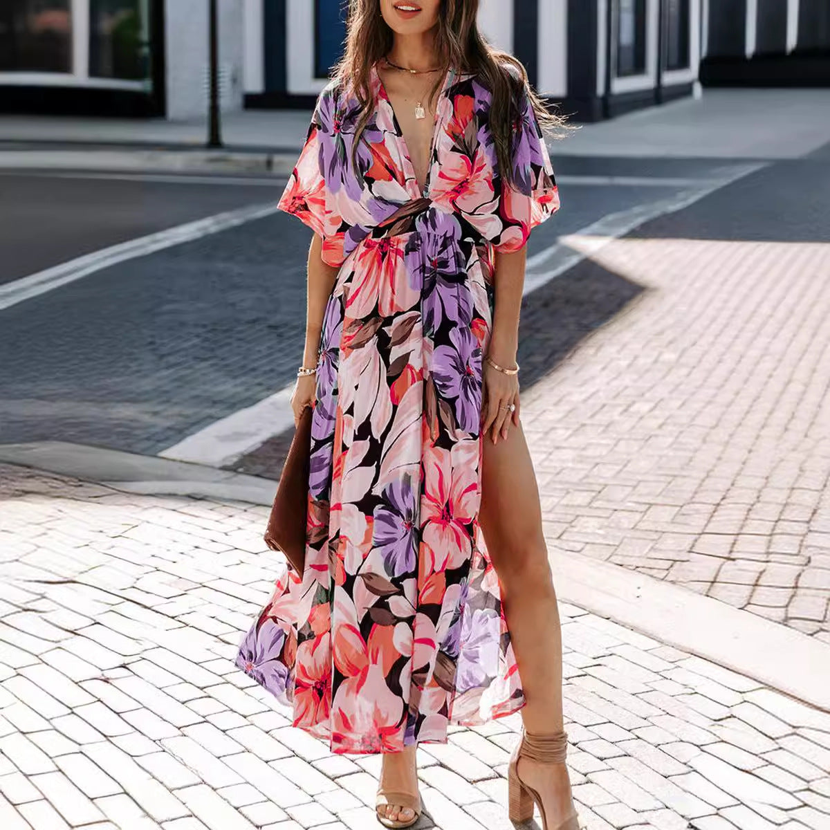 Women's Summer Sexy High-waisted Print Slit Dress