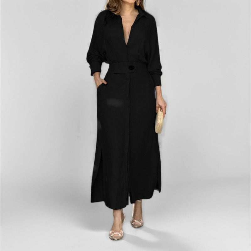 Elegant Solid Color Strap Waist Dress Long Dress
