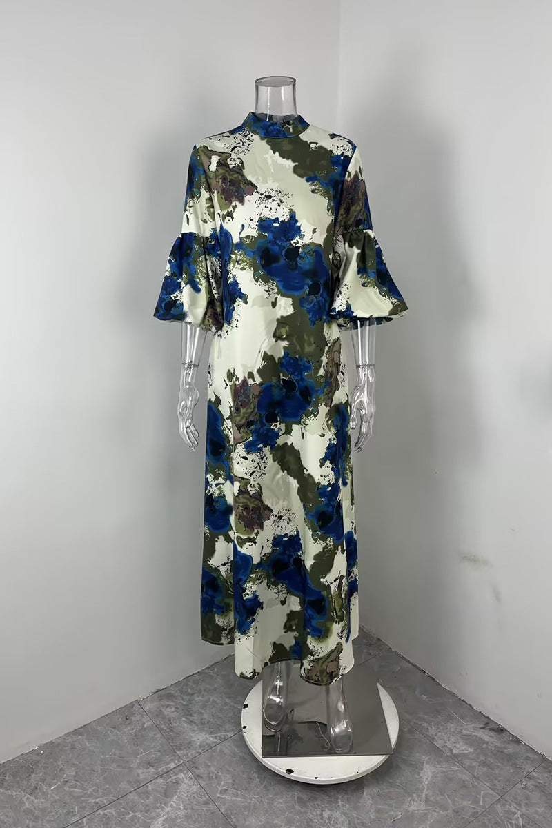 Casual Bubble Sleeve Print Painted Dress