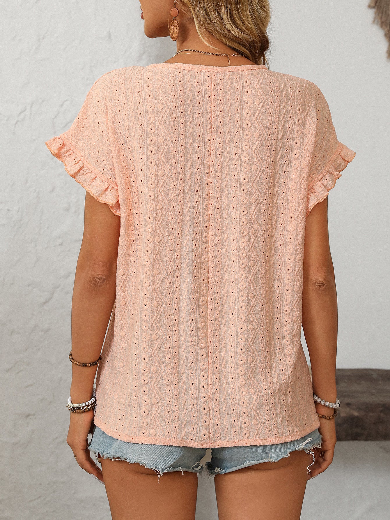 Solid Color Crew Neck Sweet Short-sleeved T-shirt Hollow Top