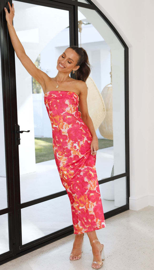 Women's Tube Satin Backless Strapless Dress with Print