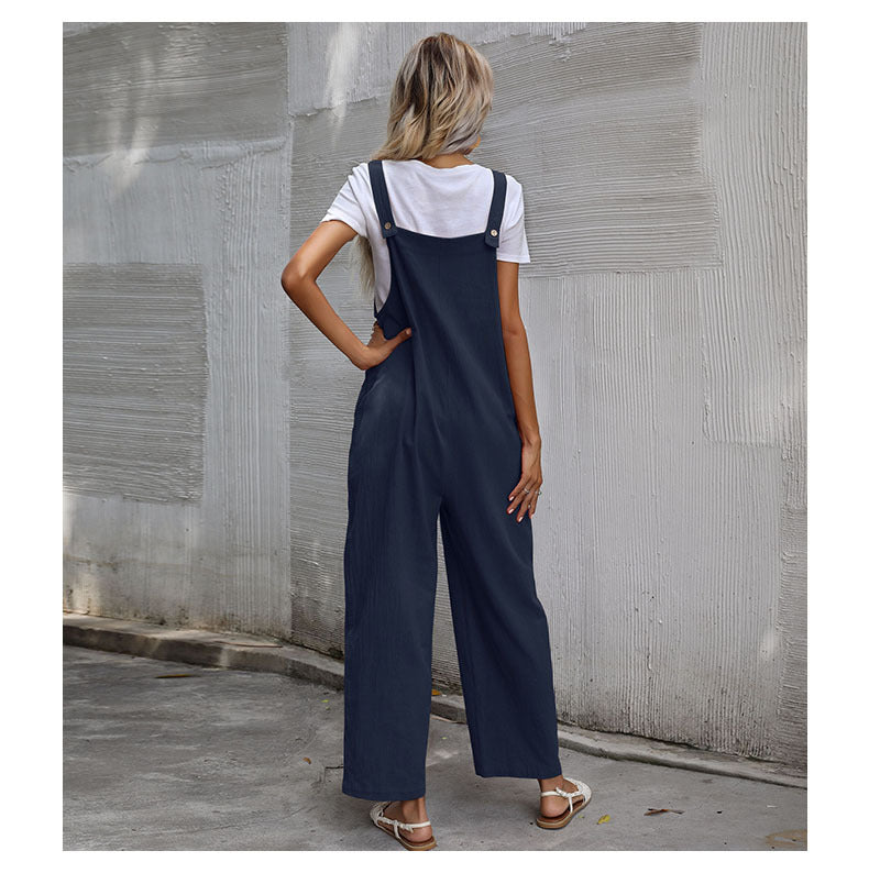Casual Cotton and Linen Pocket Solid Color Sleeveless Jumpsuit