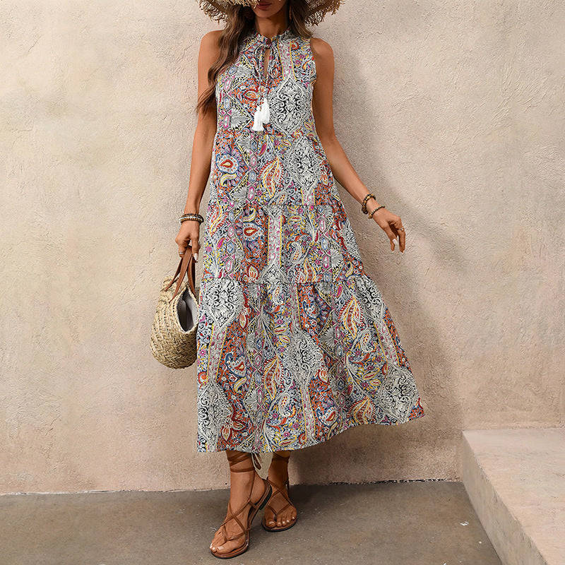 Vintage Fringed Sleeveless Print Dress