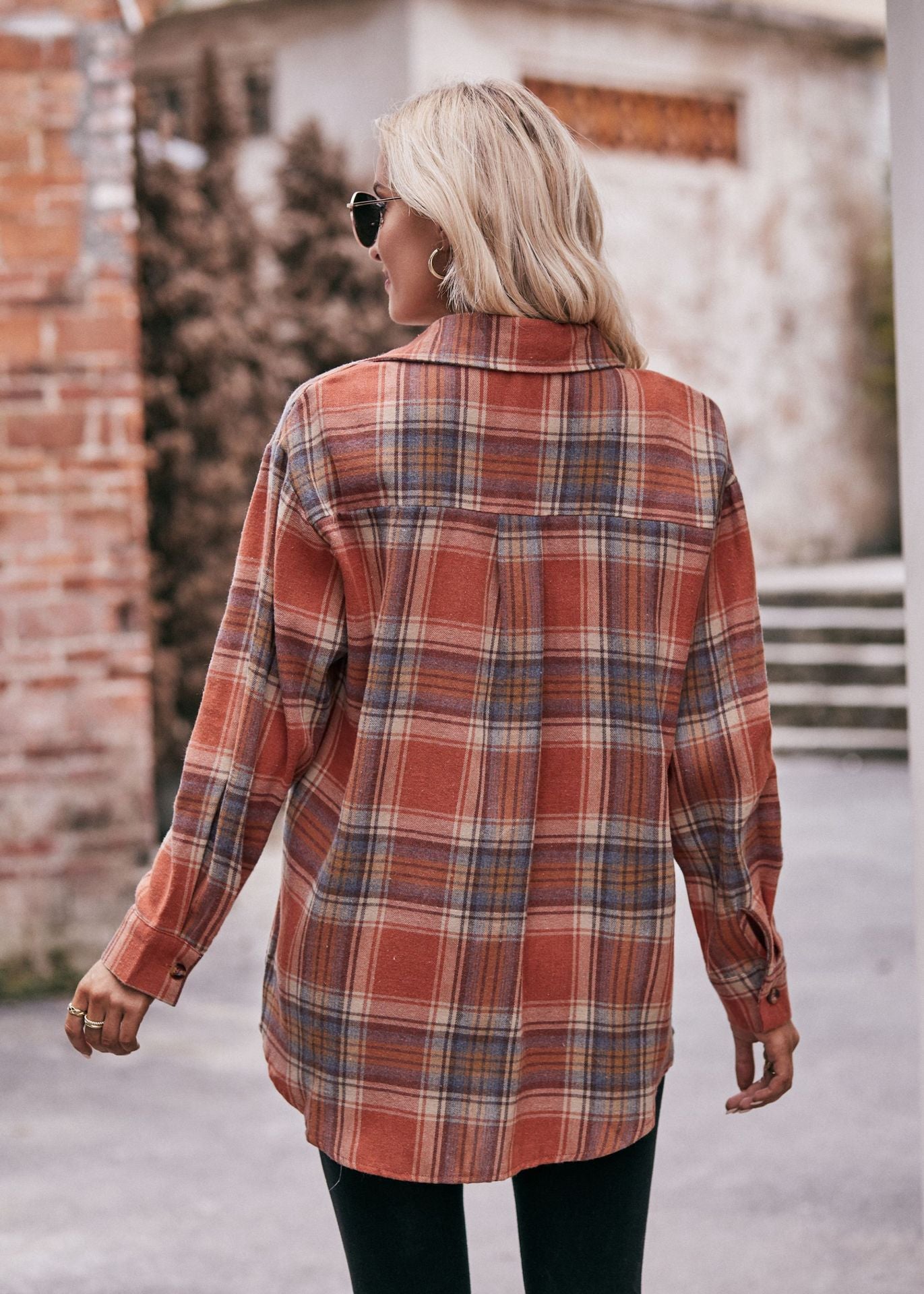 Women Oversize Loose Plaid Jacket with Pocket