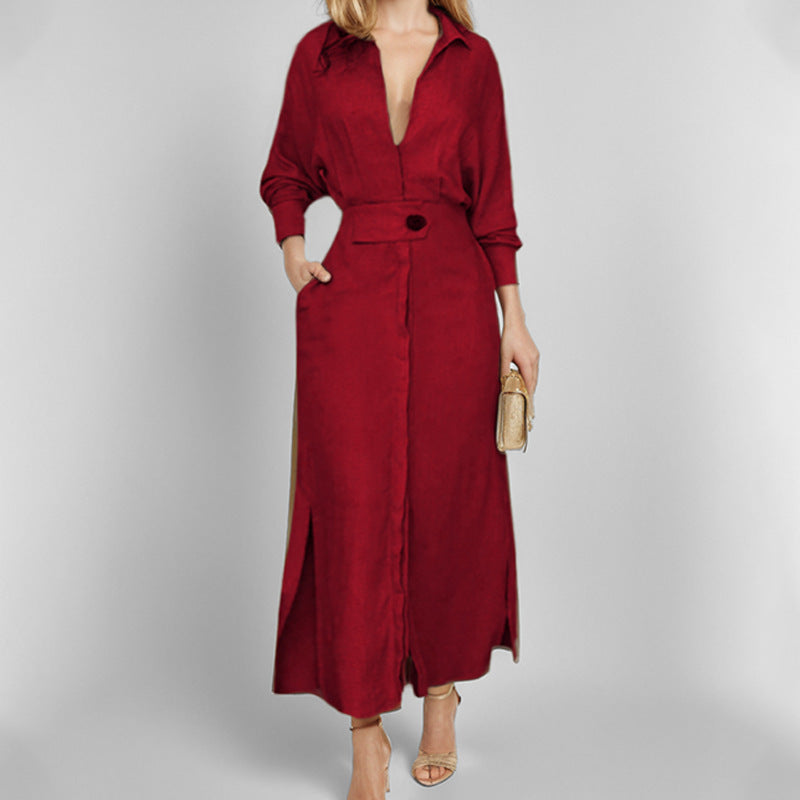 Elegant Solid Color Strap Waist Dress Long Dress