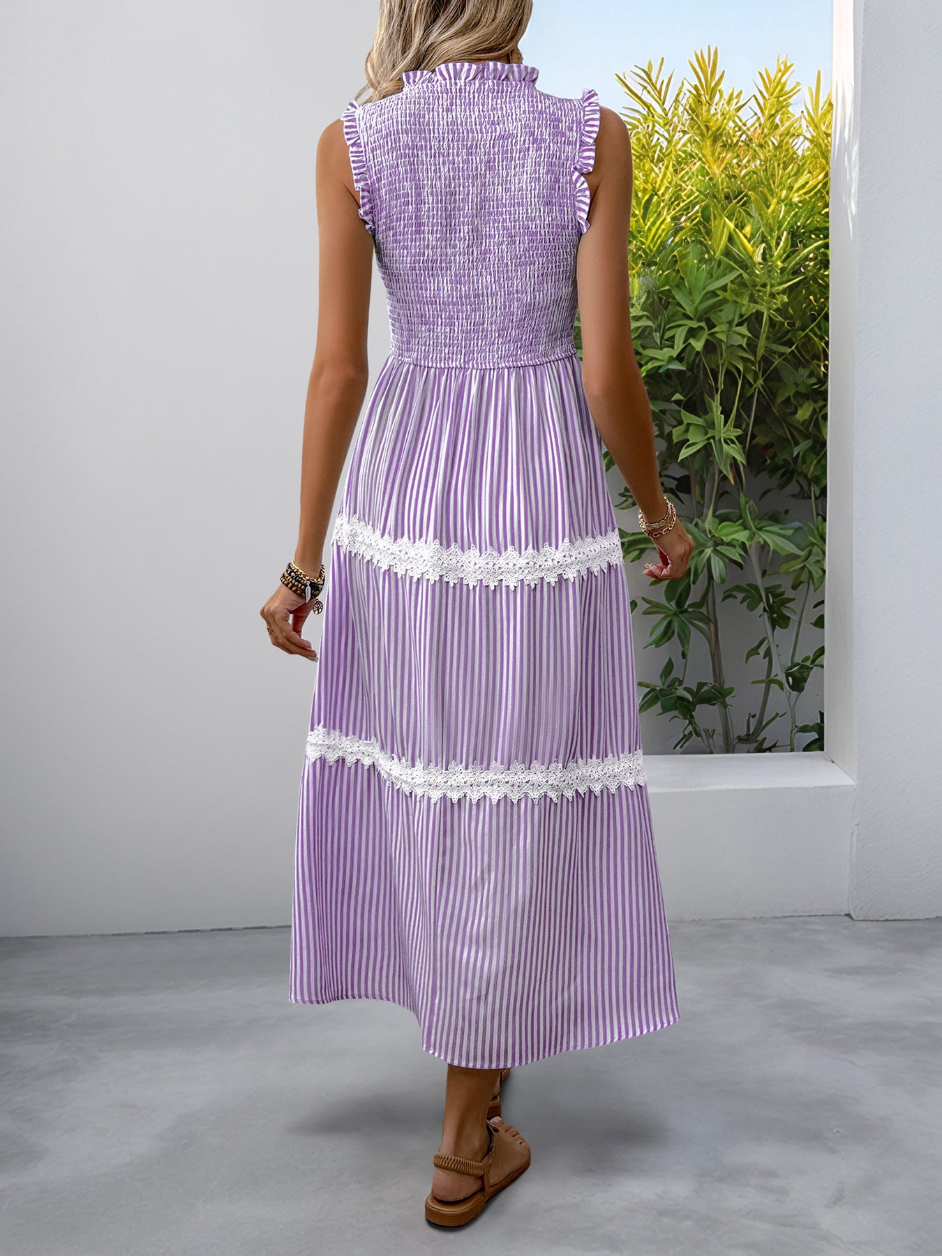 Casual Women's Lace Sleeveless Striped Dress