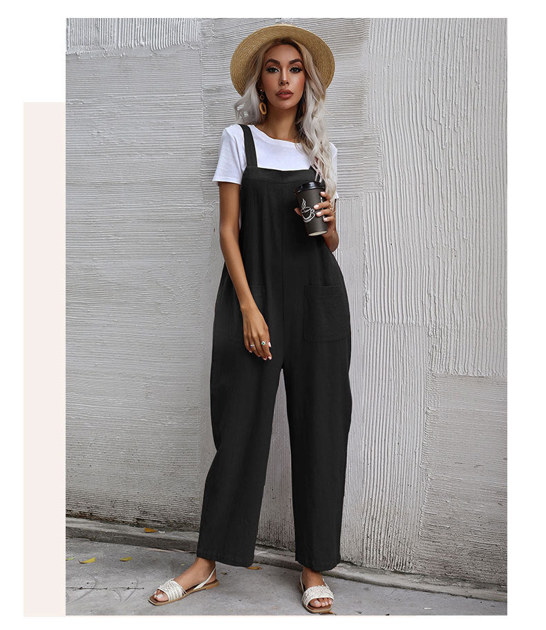 Casual Cotton and Linen Pocket Solid Color Sleeveless Jumpsuit