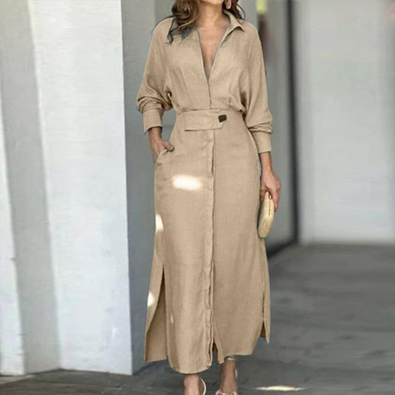Elegant Solid Color Strap Waist Dress Long Dress