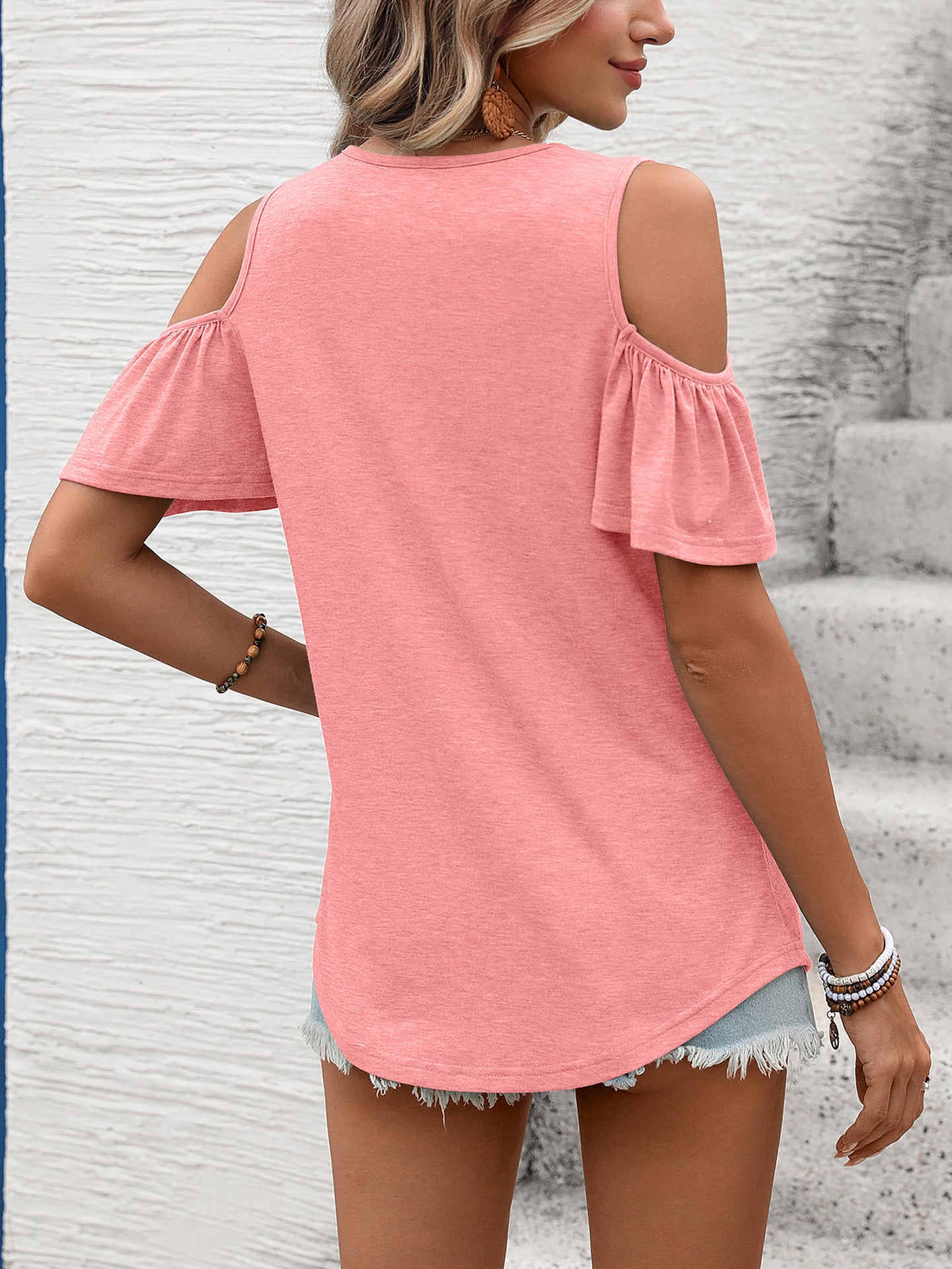 Women Solid Color V-Neck Off-Shoulder Short Sleeve T-Shirt Top