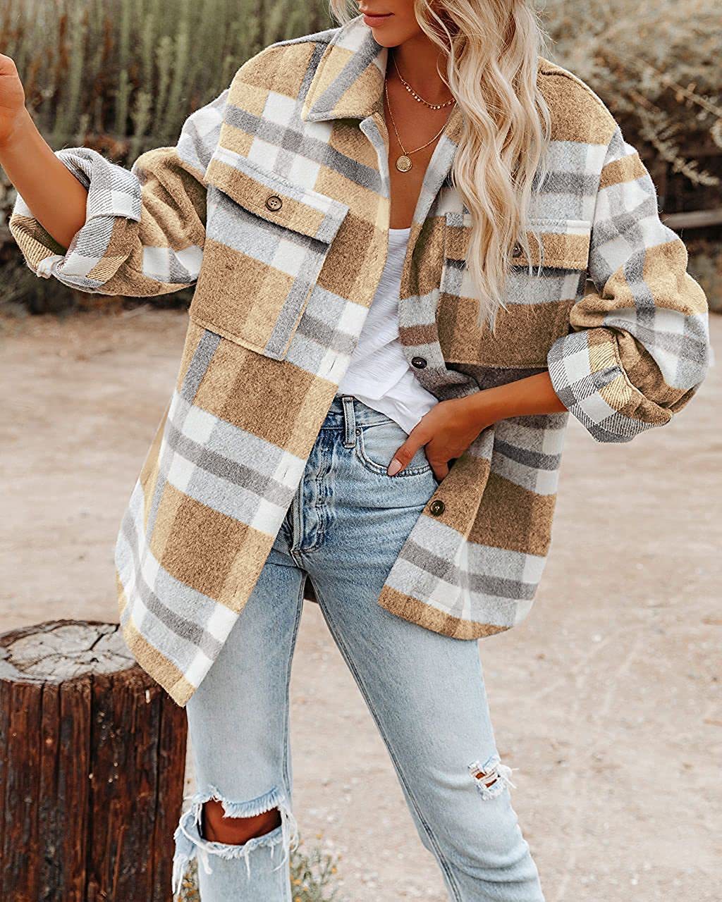 Women's Cross-border Plaid Button Flannel Tweed Shirt Jacket