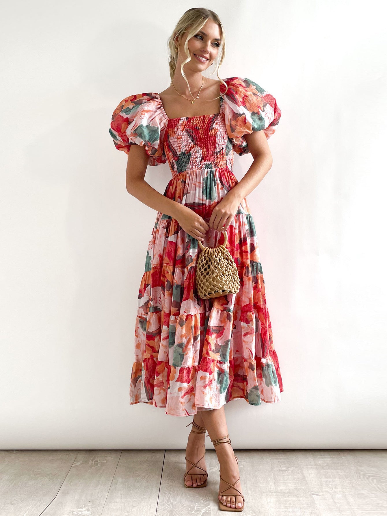 Offshoulder Printed Bubble Sleeve Dress for Women
