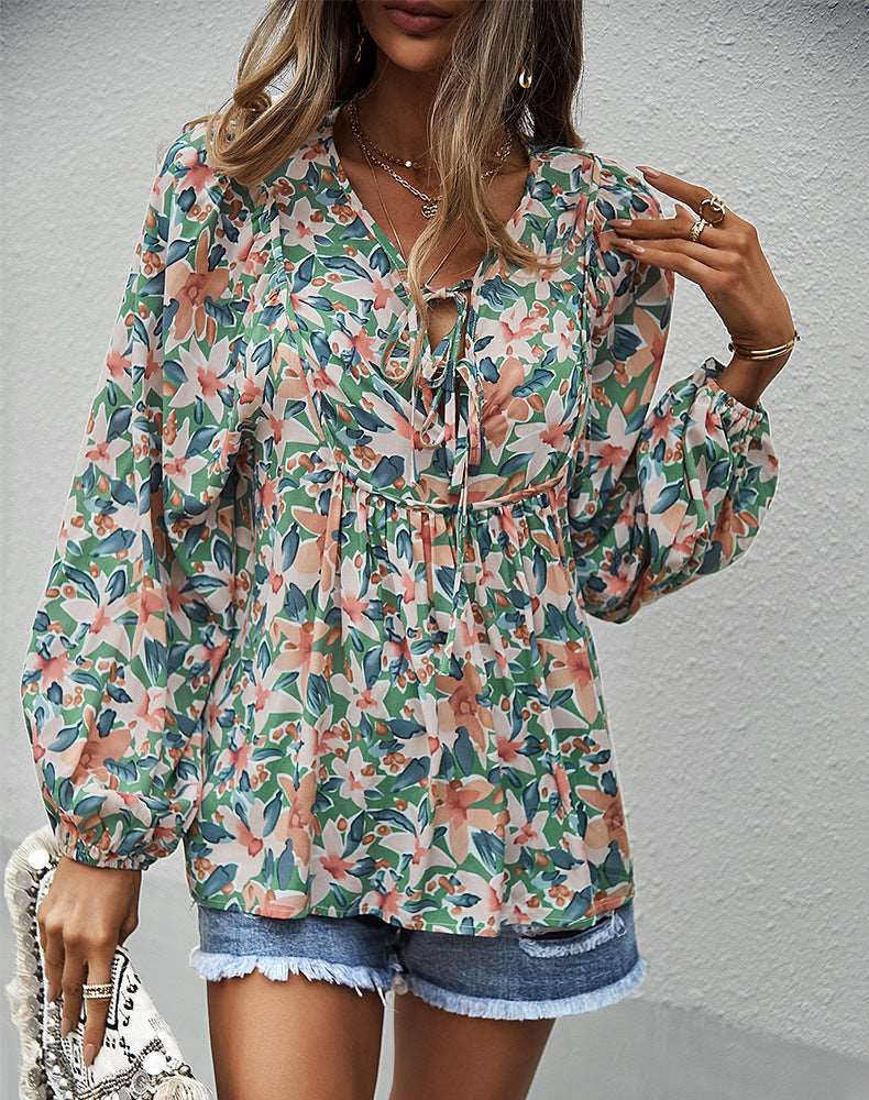 Womens Fall Fashion  Boho Tops Casual Frill Trim Mock Neck Shirts Puff Long Sleeve Blouse Floral Print Top