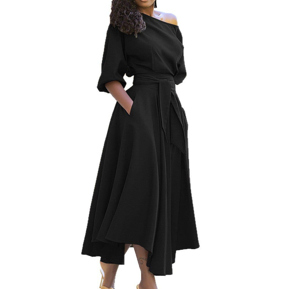 Solid Color Slanted Shoulder Strap Waist Dress