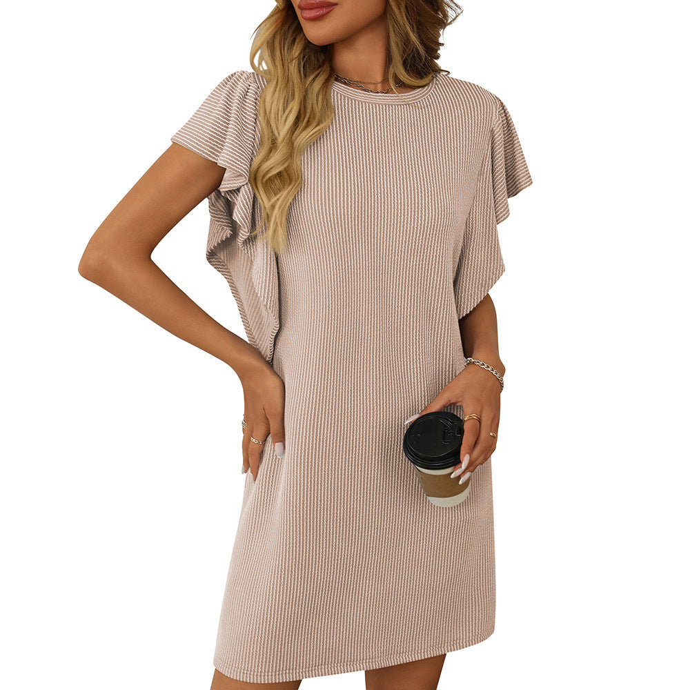 Women's Contrasting Color Twisted Ruffle Sleeve Midi Dress