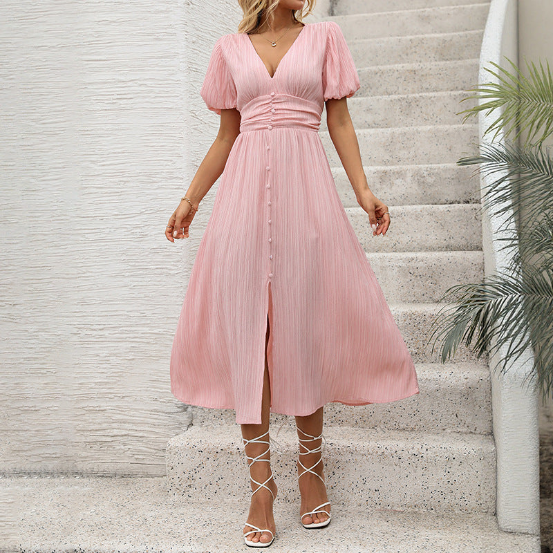 Women Mid-length Bubble Sleeve Pink Waist Dress