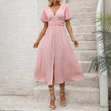 Women Mid-length Bubble Sleeve Pink Waist Dress
