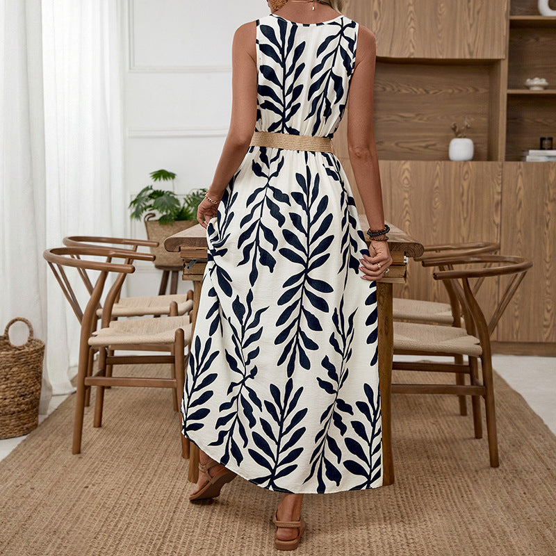 Women's Sleeveless Shoulder Strap Dress Leaf Print Split Dress