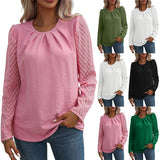 Women's Crew Neck Pleated Chiffon Long Sleeve Shirt