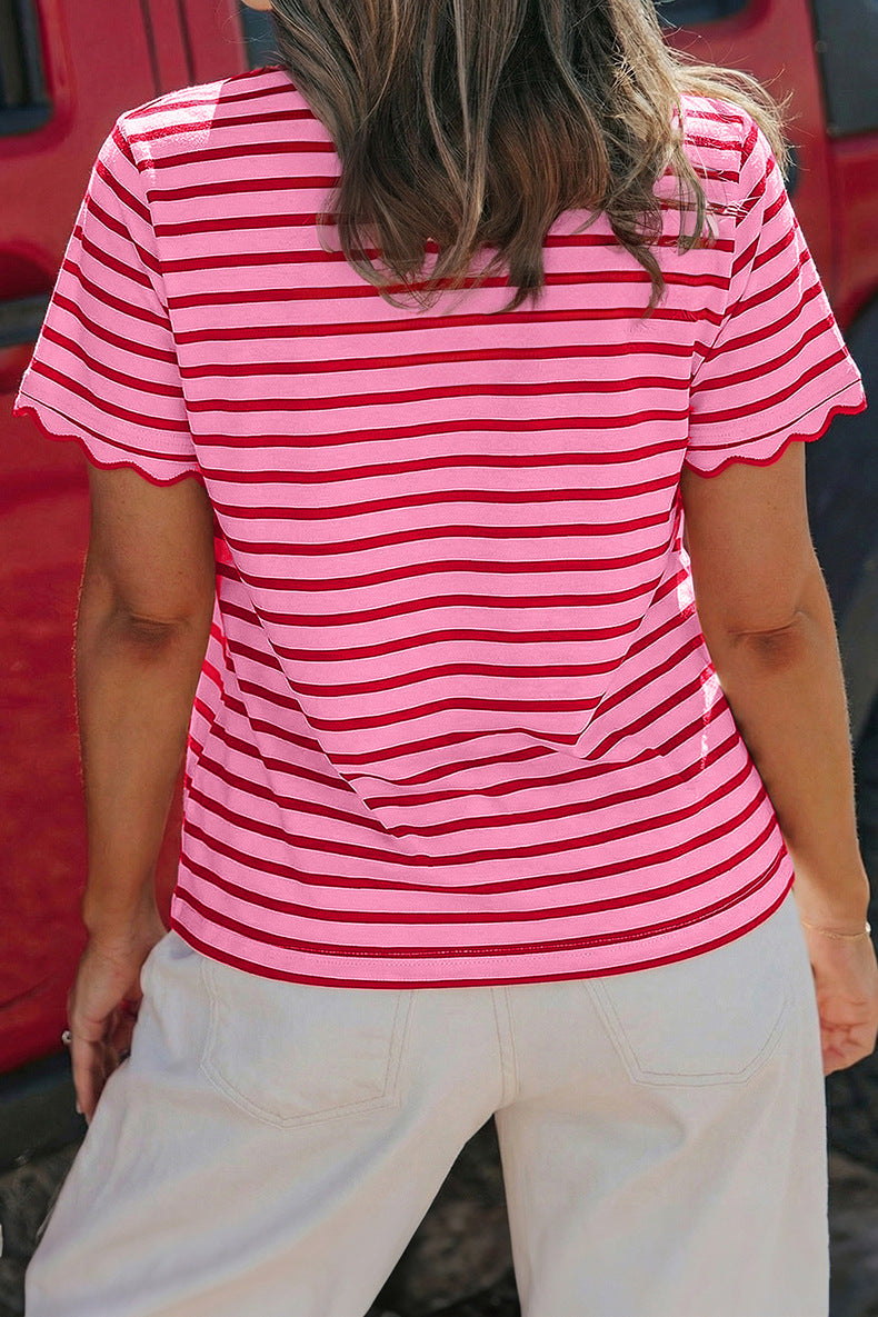 Womens Short Sleeve Top Ruffle Striped T-Shirt