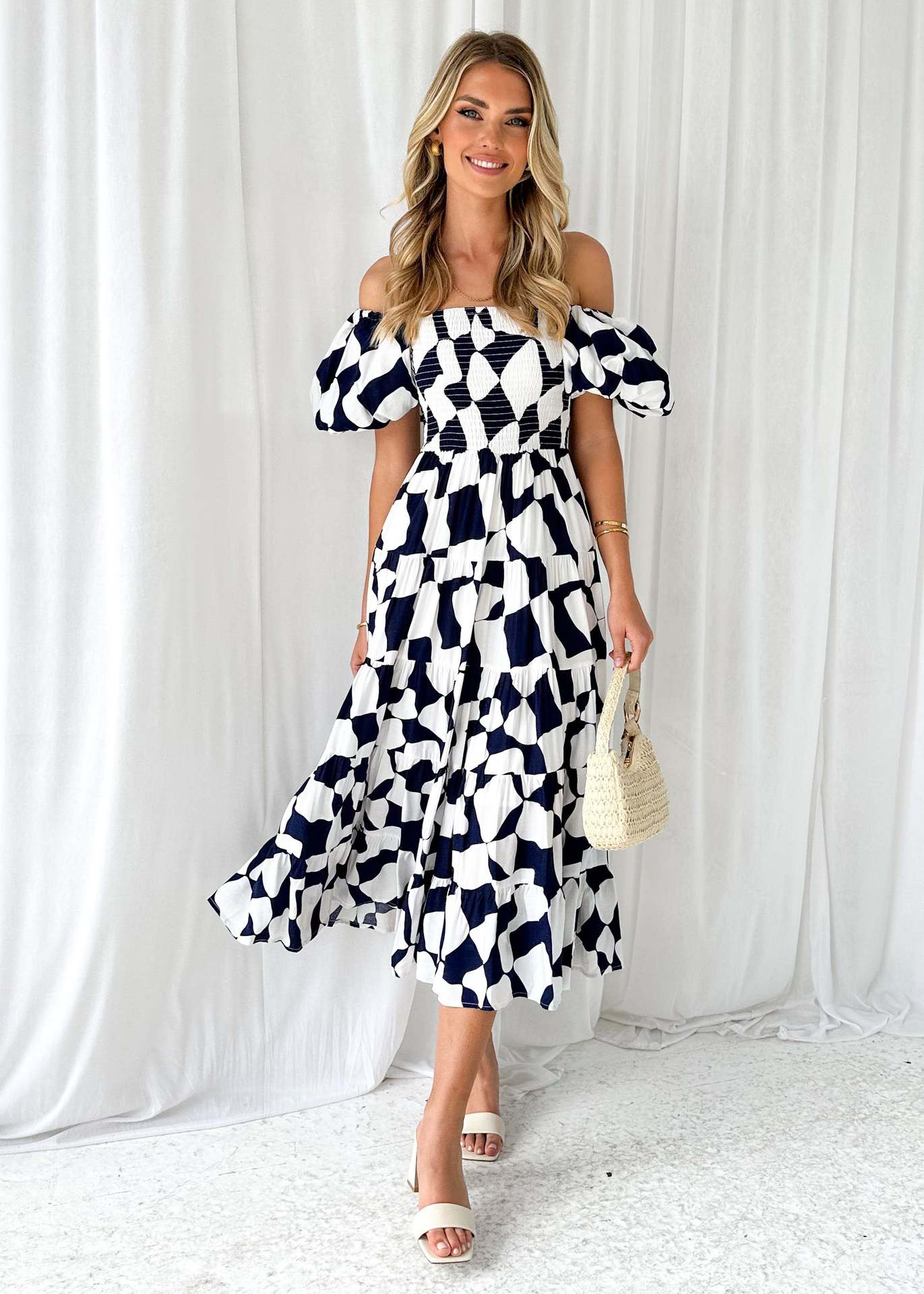 Offshoulder Printed Bubble Sleeve Dress for Women