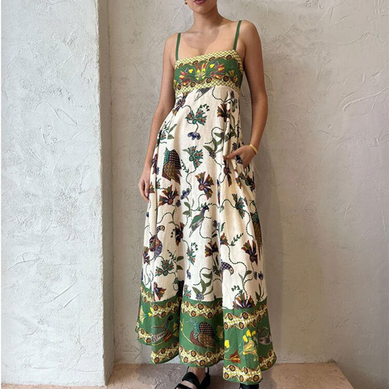 Elegant Printed High Waist Suspender Dress Long Dress