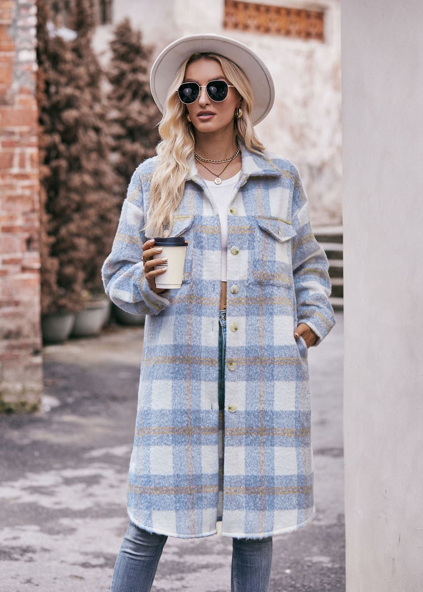 Women Plaid Hoodies Long Jacket Oversized with Pocket