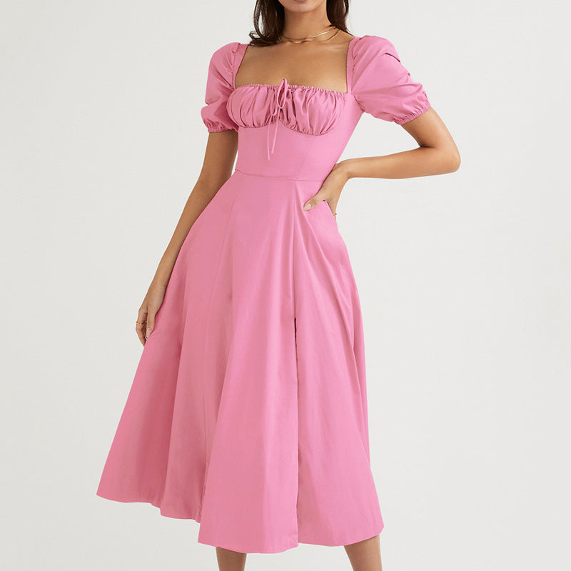 Women Solid Color Bubble Sleeve Strap Dress