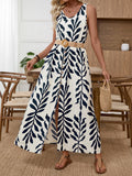 Women's Sleeveless Shoulder Strap Dress Leaf Print Split Dress