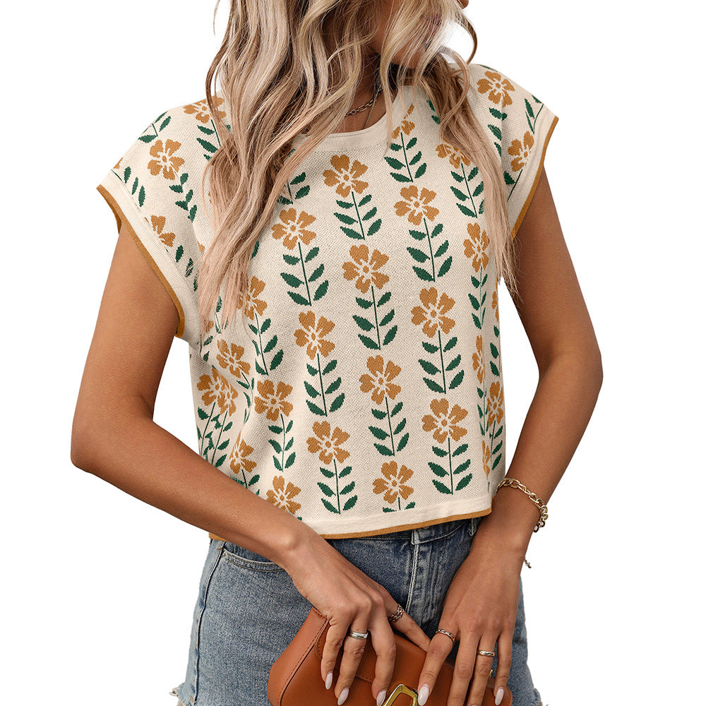 Short Sleeve Crew Neck Knitted Flower Sweater