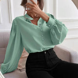 Solid color lapel long-sleeved button-up blouse shirt
