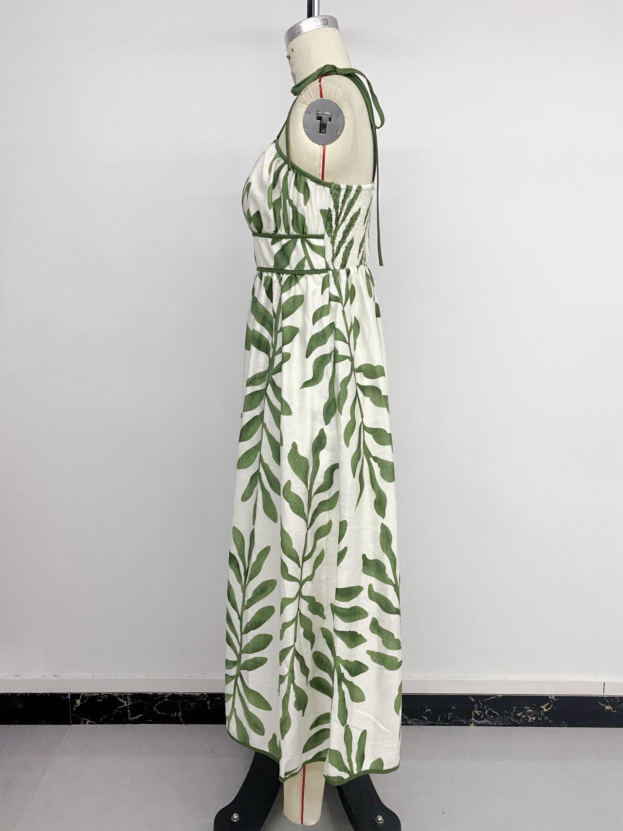 Women's Waist Green Leaf Print Dress