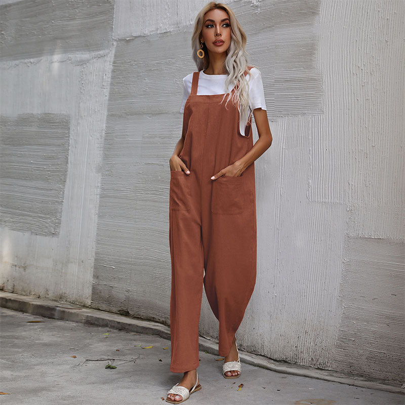 Casual Cotton and Linen Pocket Solid Color Sleeveless Jumpsuit