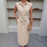 Elegant Shirt Dress Solid Color Cinched Waist Dress