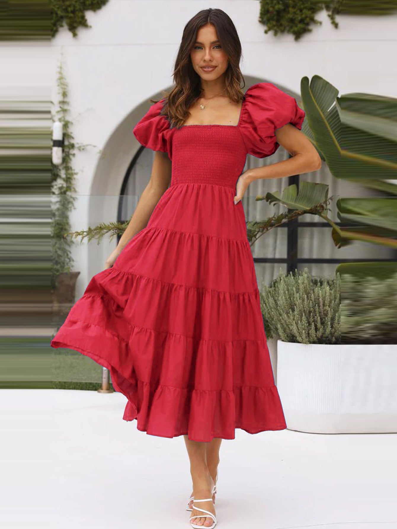 Women Bubble Sleeve Holiday Skinny Long Dress High Waist Shoulder Print Dress