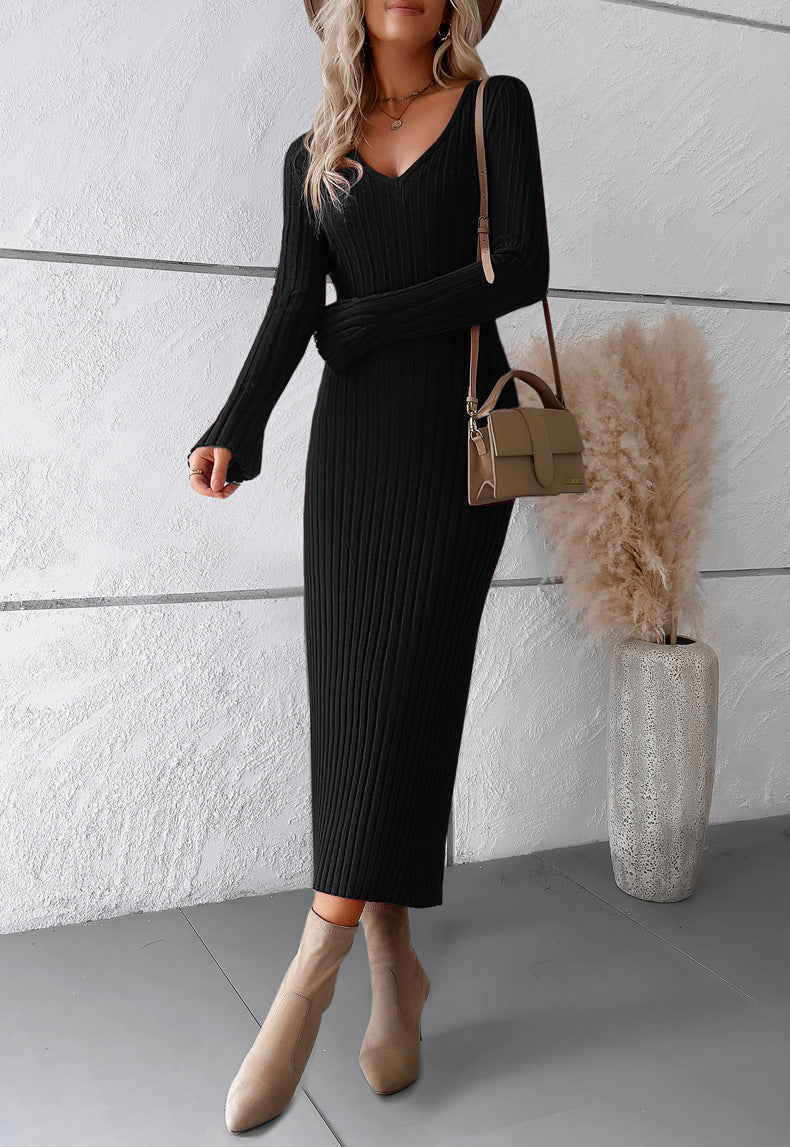 Women Casual V Neck Knit Sweater Dresses