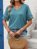 Women Solid Color V-Neck Lace Splicing Short Sleeve Loose T-Shirt Top