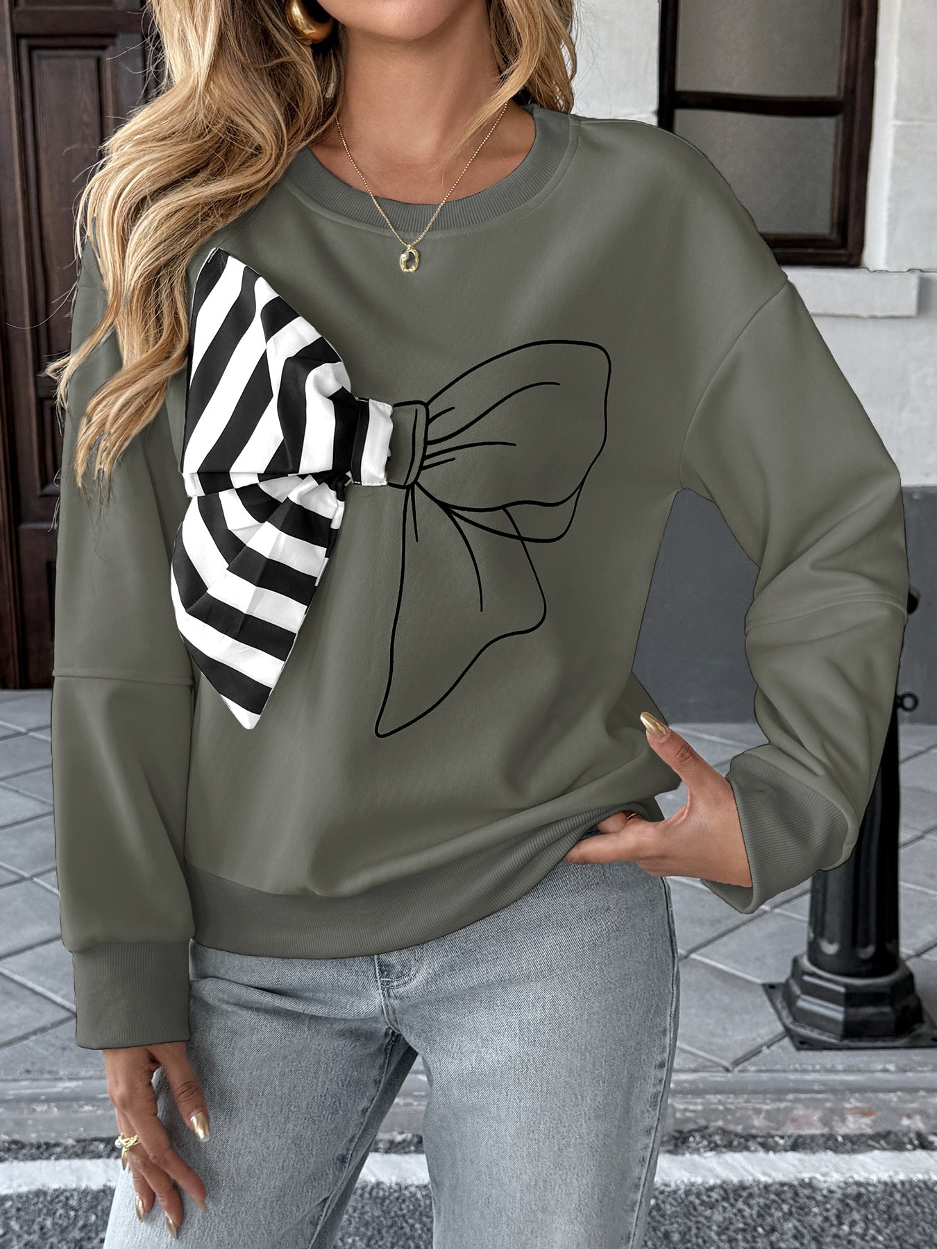 Casual Top Striped Bow Sweater Women