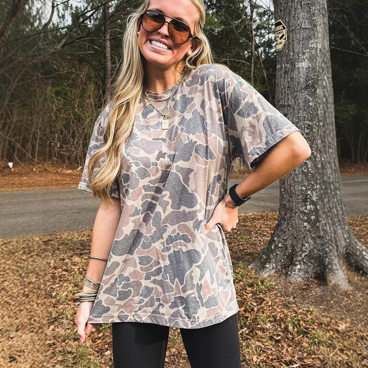 Multicolour Retro Camouflage Print Womens Casual T Shirt
