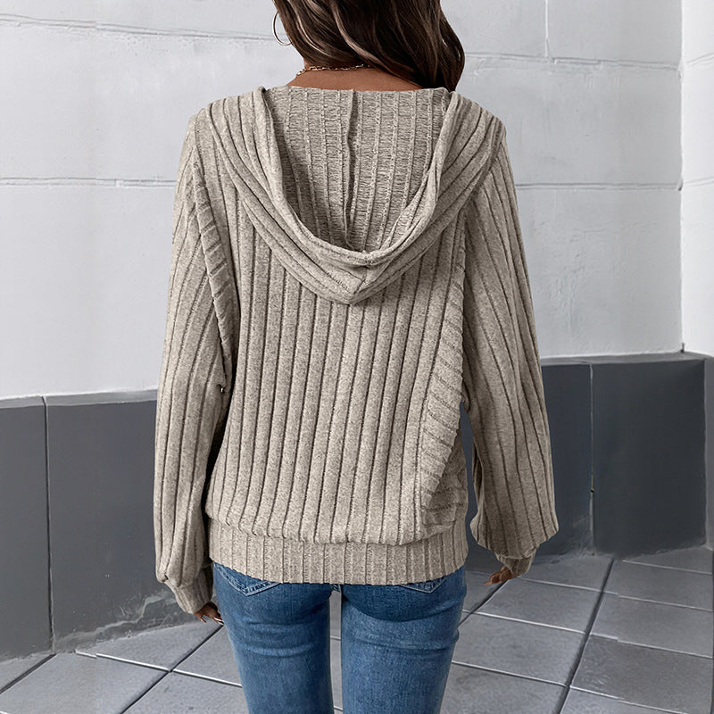 Women Casual Hooded Solid Color Knitted Sweater