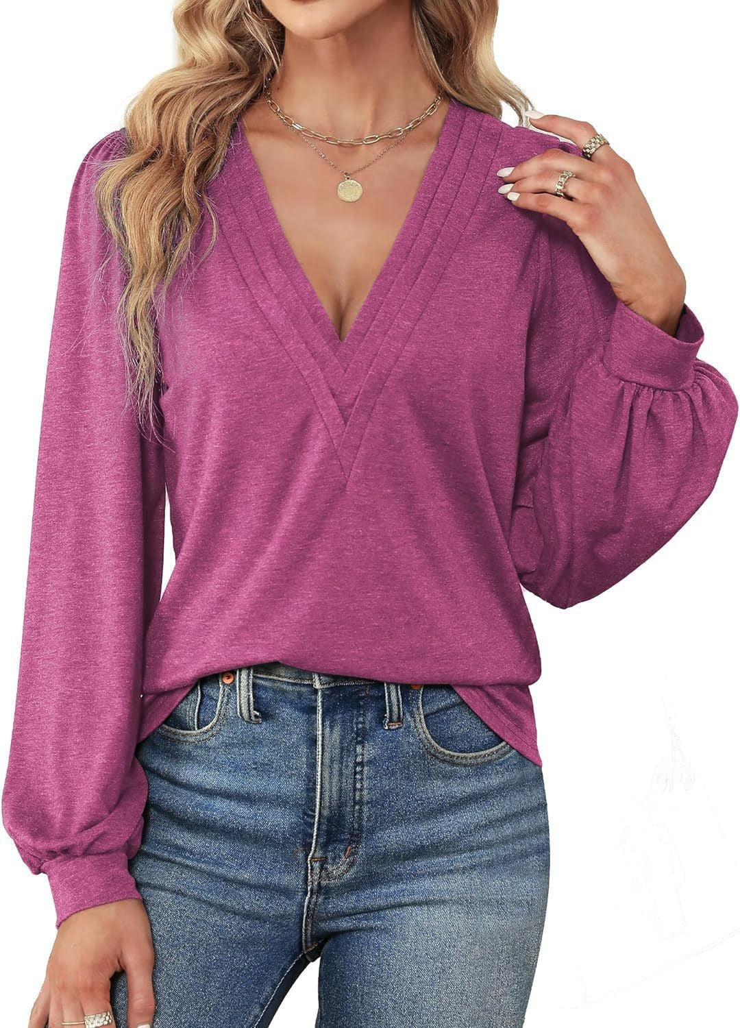 Women's Shirt V-Neck Loose Casual Long Sleeve Top