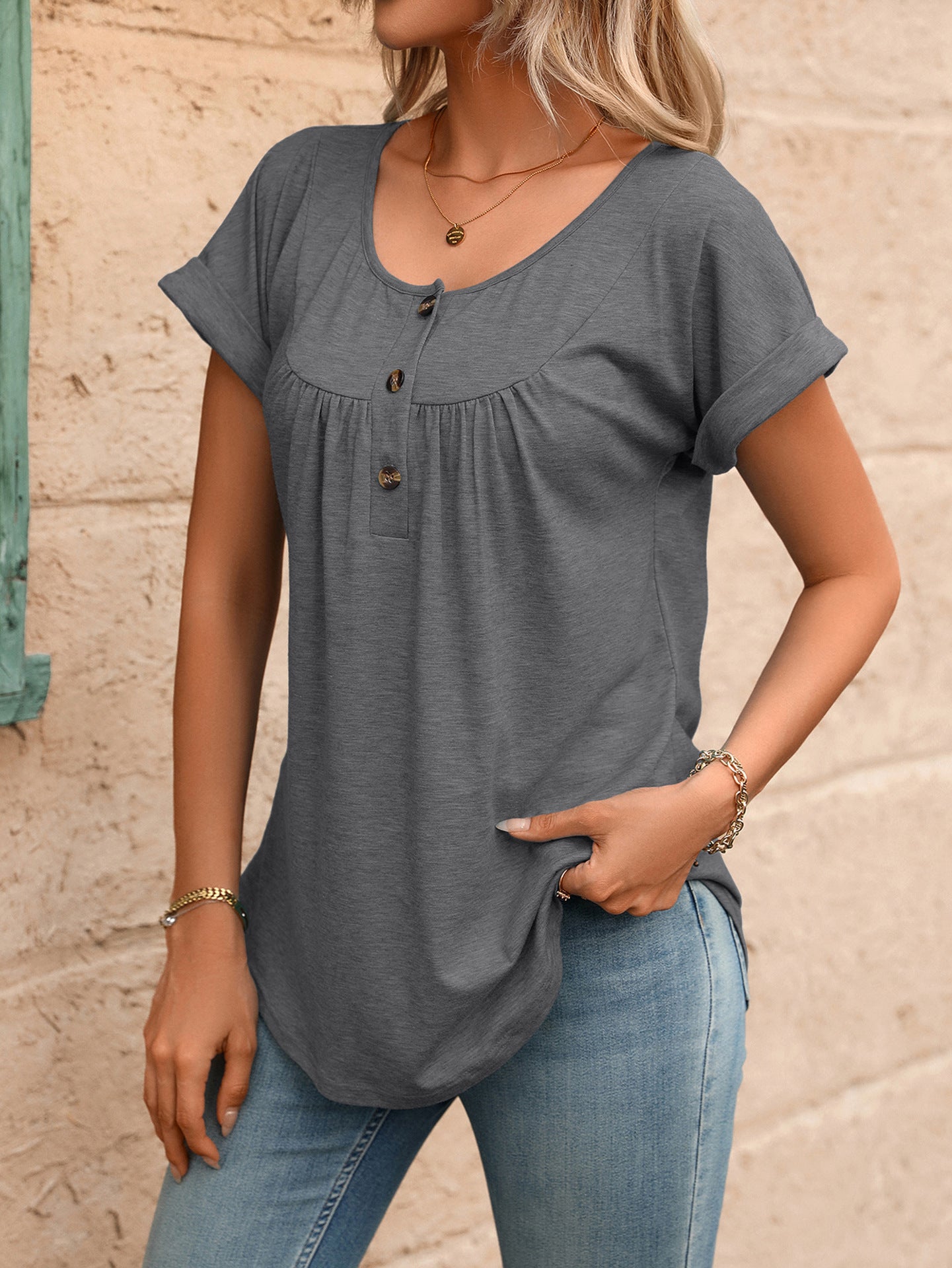 Women Solid Color Crew Neck Button Short Sleeve T-Shirt