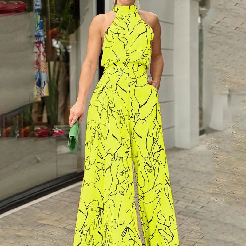 Fashion Sexy Printed Sleeveless Wide Leg Jumpsuit Trousers