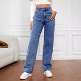 Women Stretch Washed Denim Fashion Straight Pants Long High Waist Jeans