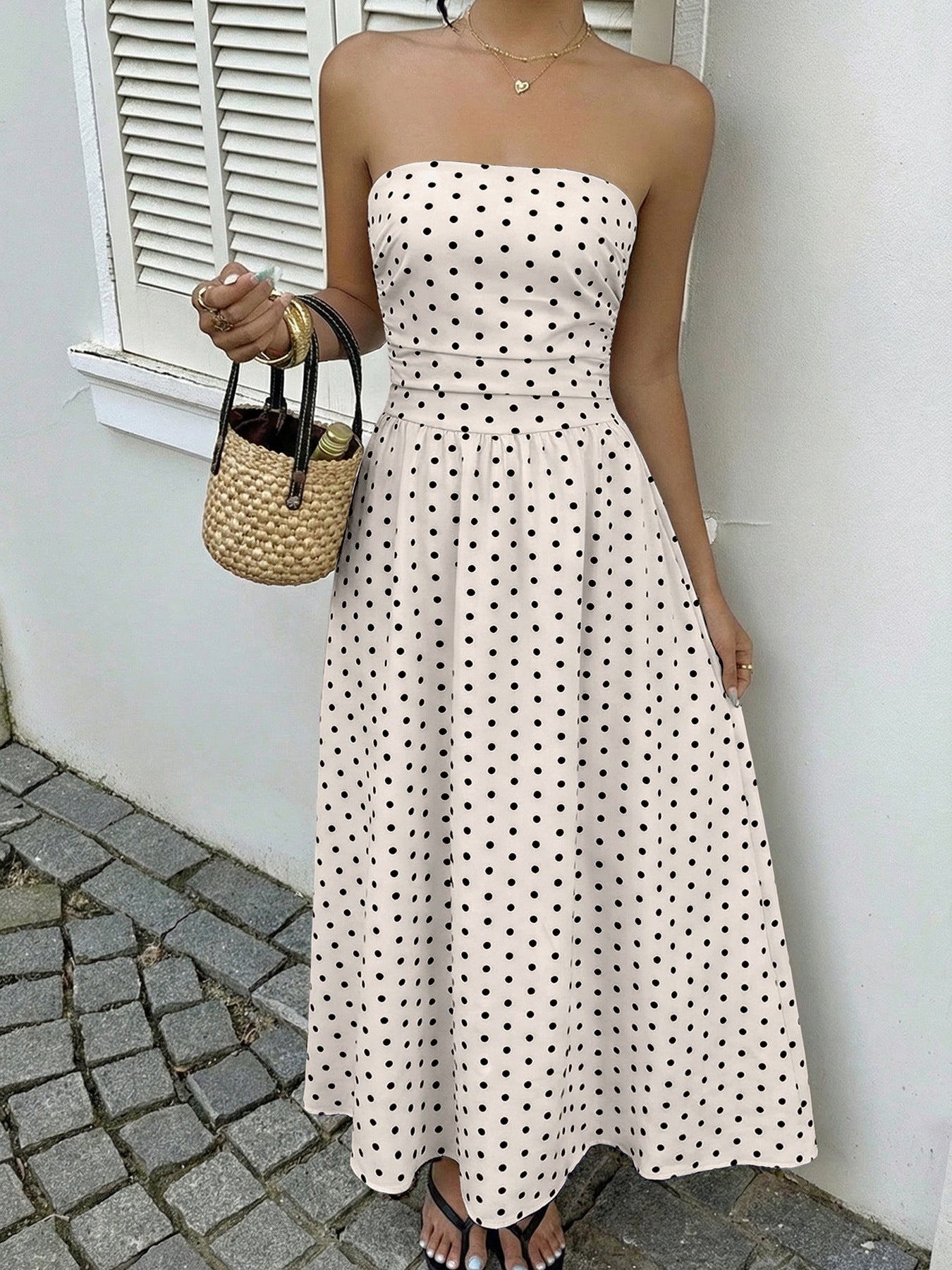 Retro Long Dress Sleeveless Tube Top Polka Dot Dress
