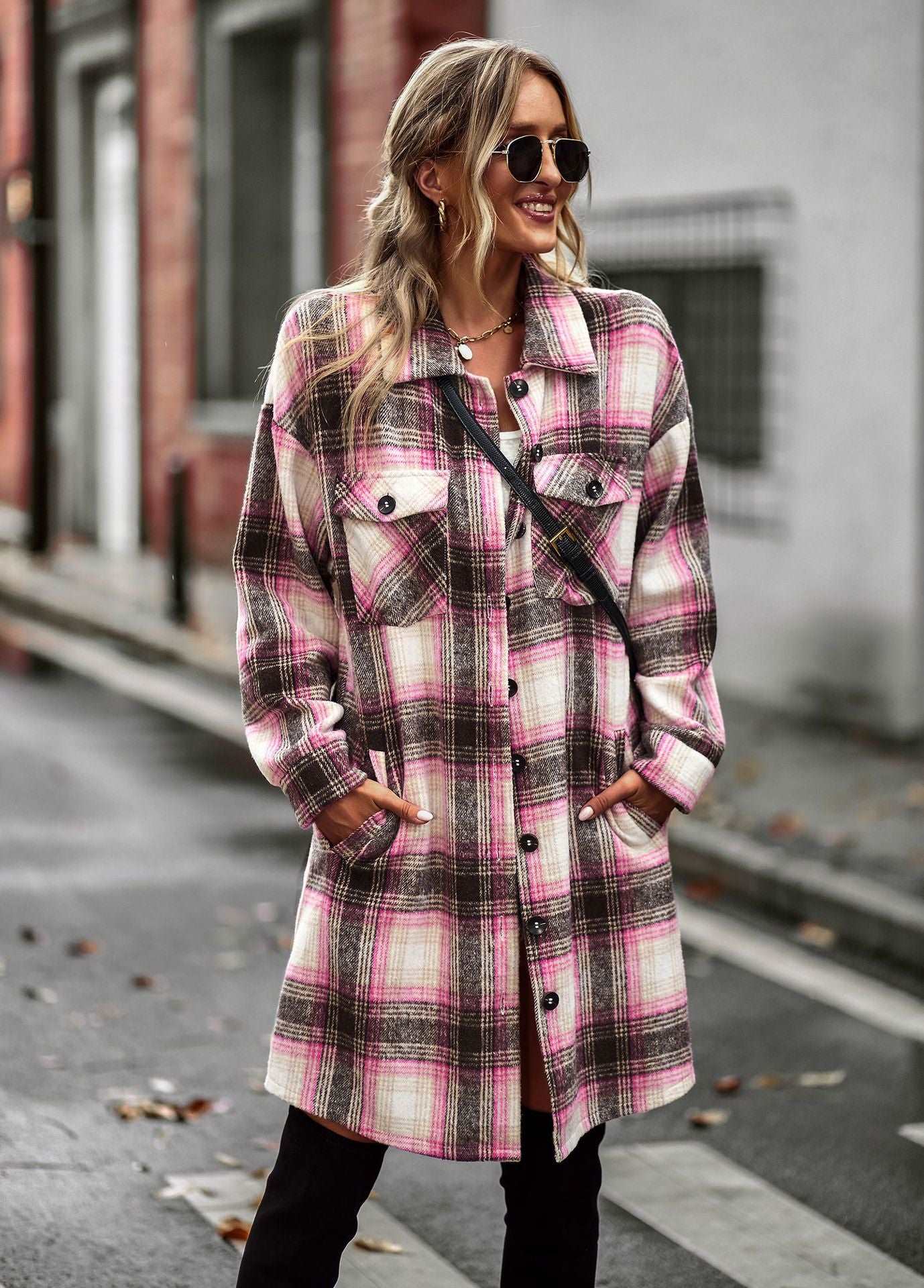 Women's Long Sleeve Button Down Jackets Plaid Flannel Shirts Tops Casual Lapel V Neck Oversized Shackets Blouses Top