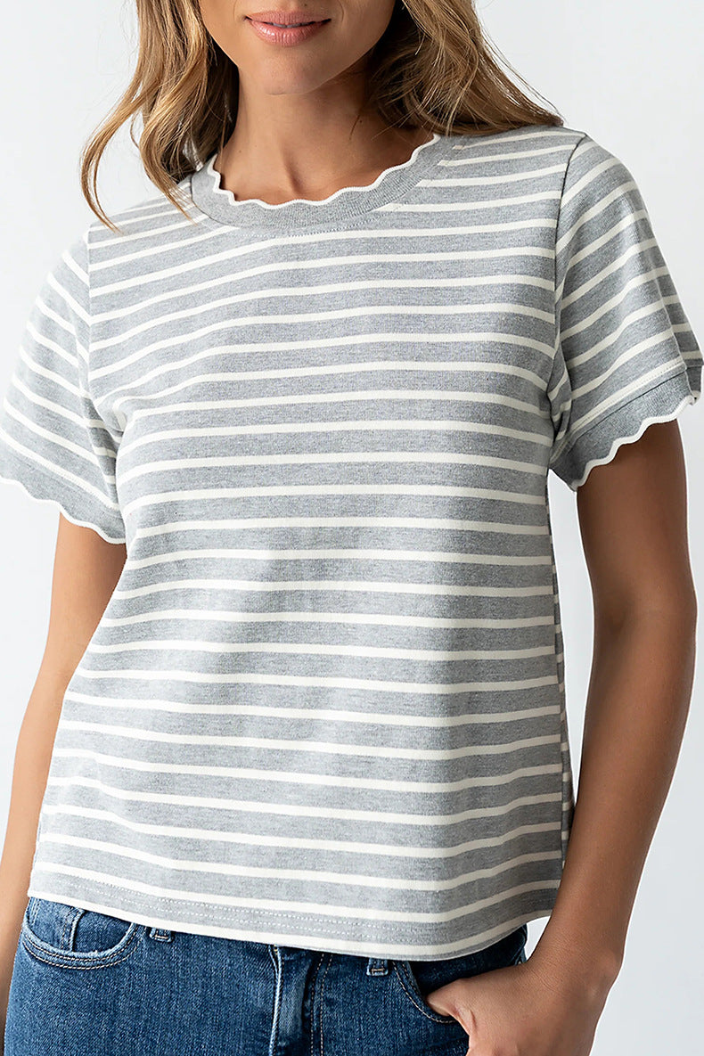 Womens Short Sleeve Top Ruffle Striped T-Shirt