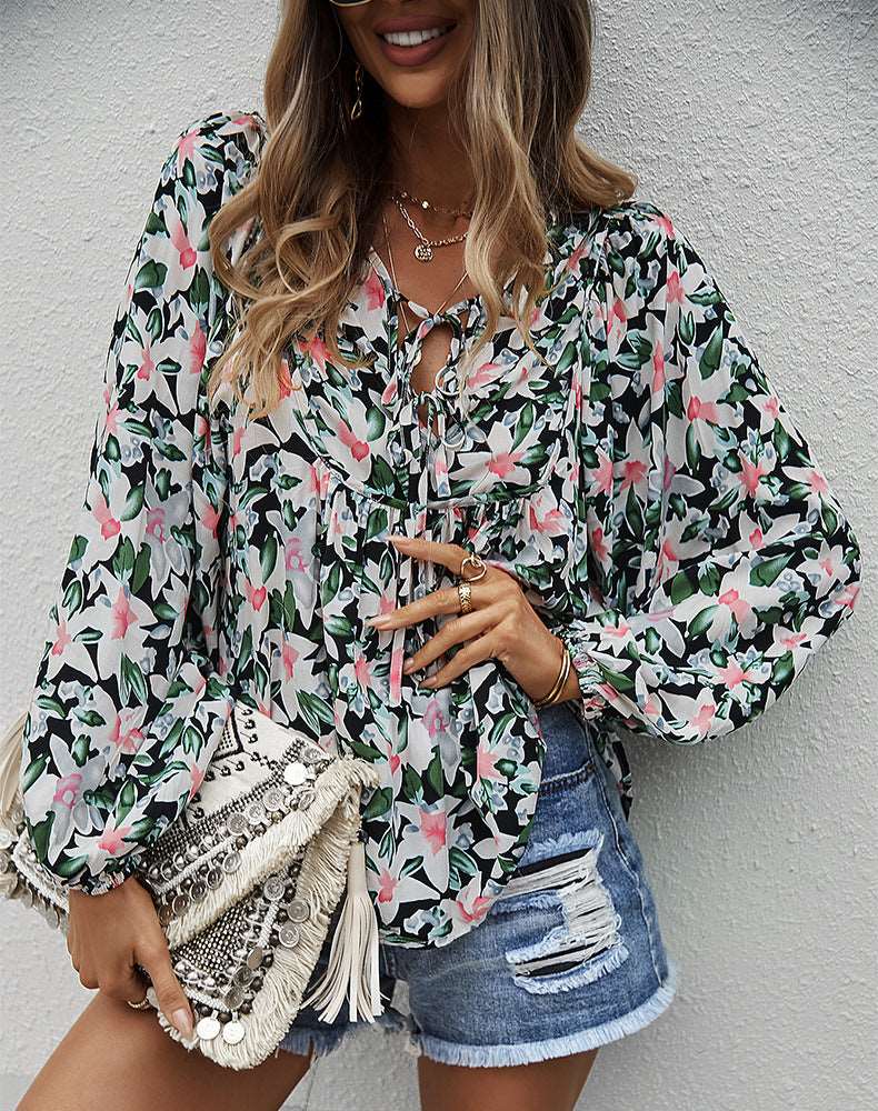 Womens Fall Fashion  Boho Tops Casual Frill Trim Mock Neck Shirts Puff Long Sleeve Blouse Floral Print Top