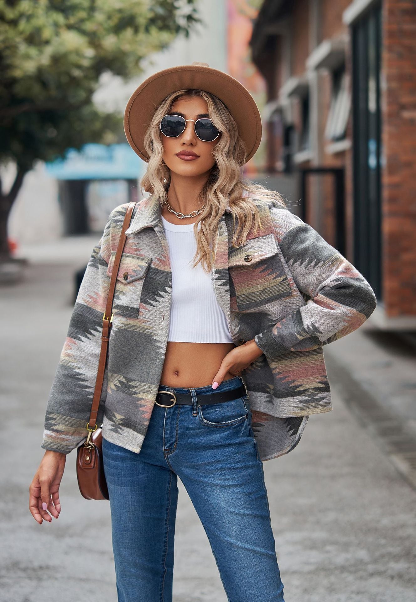 Casual Aztec Print Button Down Woolen Long Sleeve Jacket Coat