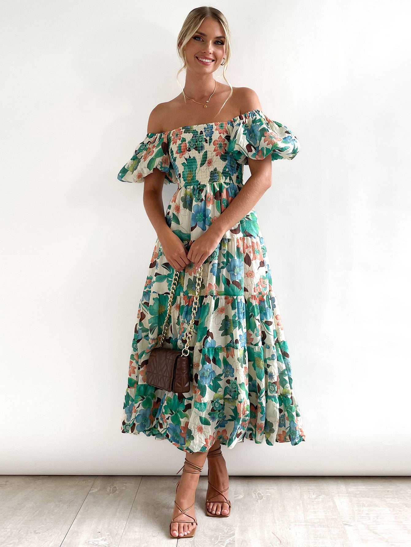 Offshoulder Printed Bubble Sleeve Dress for Women