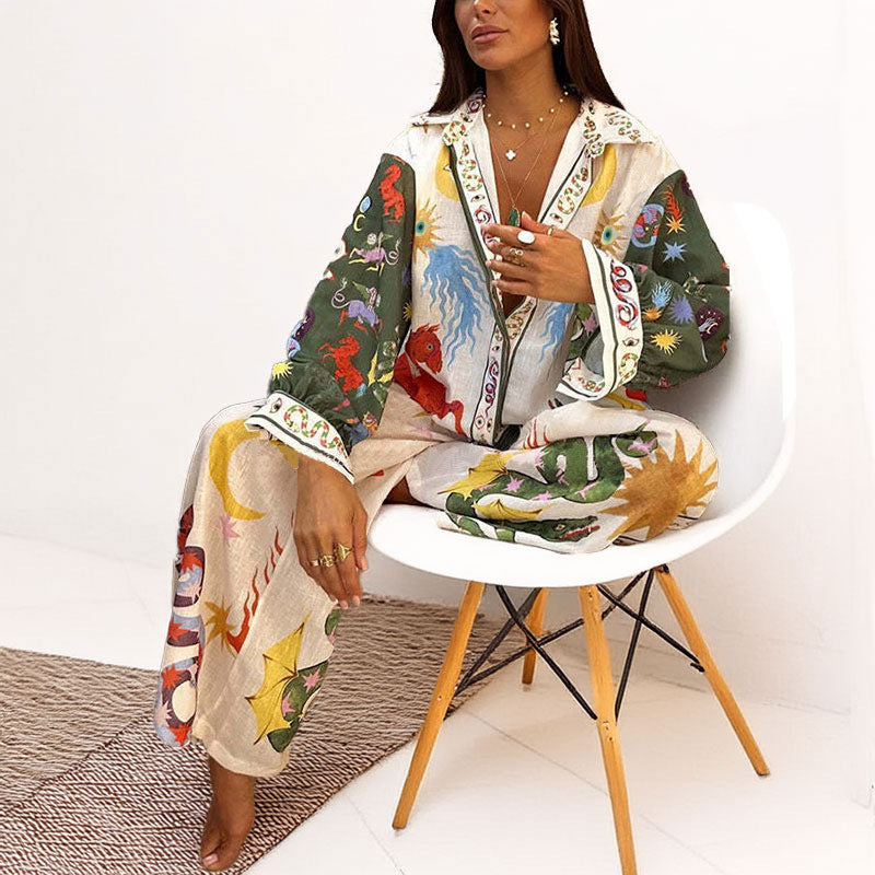 Elegant and Loose Bat Sleeve Print Fashion Set